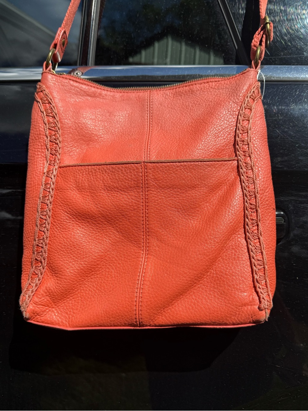 The Sak Coral Orange Leather Crossbody Shoulder Bag Crochet Trim